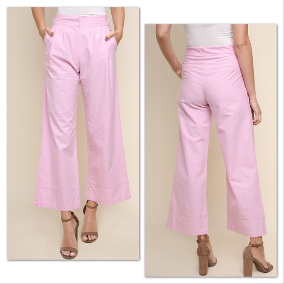 Pants - Pink High Waist Wide Leg Trouser Pants